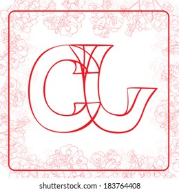 C and J letters monogram in an orchids frame, hand drawn illustration on white