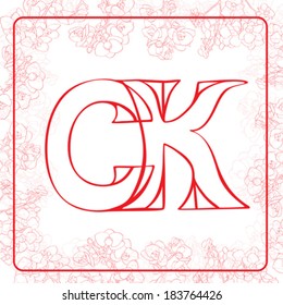 C and K letters monogram in an orchids frame, hand drawn illustration on white