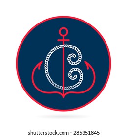 C letter with an anchor and rope vector vintage label, logo, icon design template element. This badge can be used as trademark or a print on fabric.