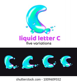 C letter is an aqua logo. Liquid volumetric letter with droplets and sprays for the corporate style of the company or brand on the letter C. Juicy, watery, holographic style.