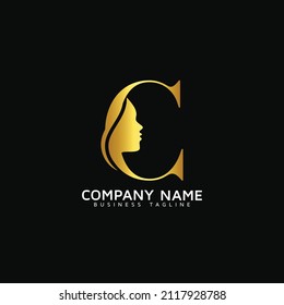 C Letra Beauty Face inicial C lujosa reina de la belleza cara cara vectorial de diseño del logo. consistente en la letra C con cara de señora en espacio negativo