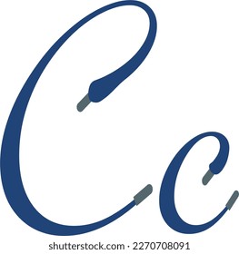 C letter. Blue Sport alphabet formed by shoe lace. Vector handwritten script font can be used for workout labels, race headlines, fitness posters, delivery cards. Alphabet fonts set.
