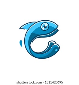 C Letter Blue Water Fishing Fish Logo