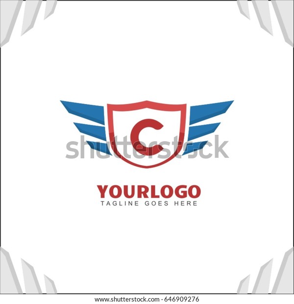 C letter brand identity. Falcon wing\
logo vector icon. Blue shield design\
template.