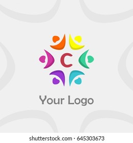 C letter brand identity. Unity people concept. Colorful circle ring and flower logo for business vector set design