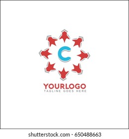 C letter brand identity. Vector graphic elegant sliced alphabet symbol with star element on circle in silver and red color.