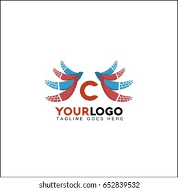 C Letter Brush Logo. Red and blue brush with Splash Concept Design.