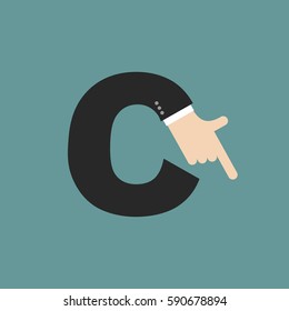 C letter businessman hand font. It shows finger print. Arm symbol alphabet. Sign of ABC
