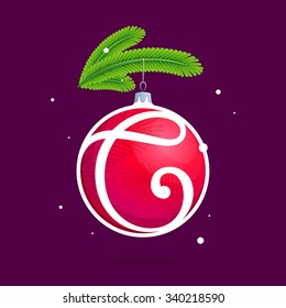 C letter with Christmas red ball and fir branches. Vector design template elements for your application or corporate identity.