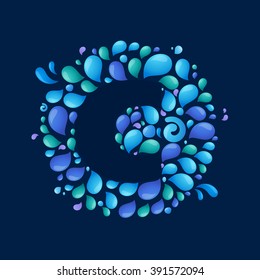 C letter in a circle of splashes and drops of water. Font style, vector design template elements for your ecology application or corporate identity.