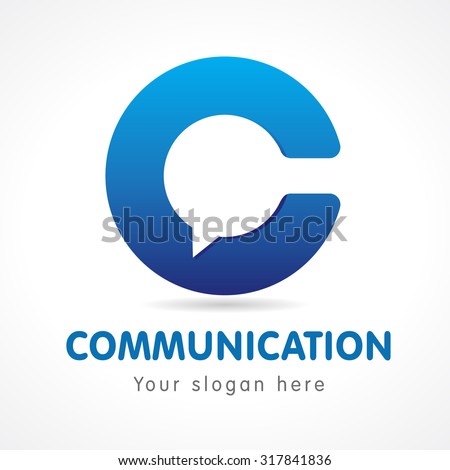 C letter communicate logo. Business or educational consult, blue colored 3D sign. FAQ, I.Q., contact us, computer or smartphone settings, speak icon. Creative concept