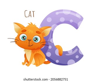 C letter and cute cat animal. Zoo alphabet for children education, home or kindergarten decor cartoon vector illustration