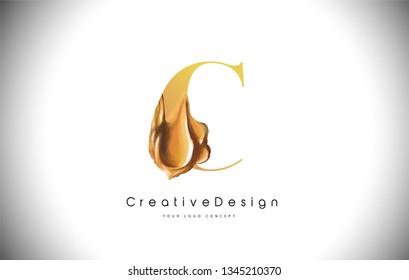 C Letter Design Brush Paint Stroke. Gold c Letter Logo Icon with Golden Paintbrush Vector Illustration