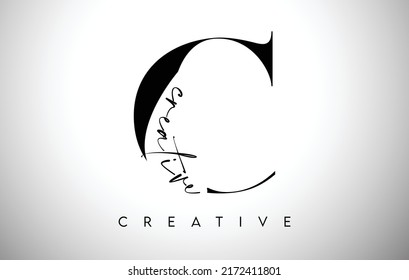 C Letter Design with Creative Cut and Serif Font in Black and White Colors Vector Illustration.