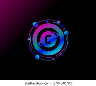 C Letter Design. Modern ring planet with line of orbit. Colorful abstract geometry planet logo.