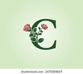 C Letter design with red rose flower and leaves on a green background. Initial Letter C Vector Illustration combined with Botanical elements.