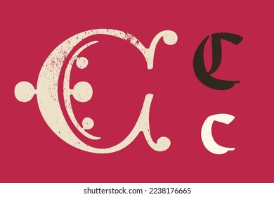 C letter drop cap logo. Illuminated initial and blackletter uppercase and lowercase. All you need to precisely imitate medieval text. Decorative element for the beginning of a paragraph or section.