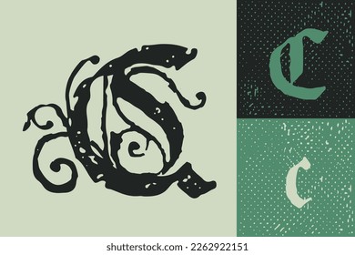 C letter drop cap logo. Illuminated initial and blackletter uppercase and lowercase. All you need to precisely imitate medieval text. Decorative element for the beginning of a paragraph or section.