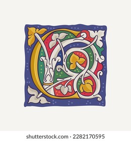 C letter drop cap logo with interlaced white vine and gilding calligraphy elements. Renaissance initial emblem. Medieval dim colored fancy luxury icon based on Ottonian and Romanesque.