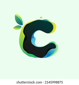 C letter eco logo with green leaves in hologram glitch style. Environment friendly icon with color shift and illusion effect. Vector element for waste recycling identity, natural theme presentation.