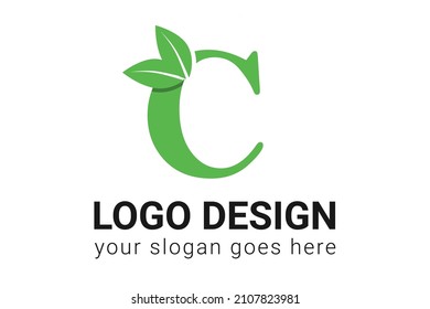 C letter eco logo with leaf. Vector typeface for nature posters, eco friendly emblem, vegan identity, herbal and botanical cards etc. Ecology C letter logo with green leaf.