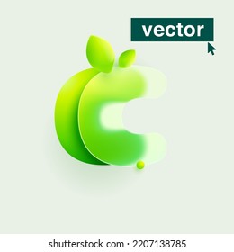 C letter ecology logo in realistic Glassmorphism style. Vector blurry translucent icon with green leaves. Frosted transparent emblem for agriculture, vibrant advertising, waste recycling, healthy food