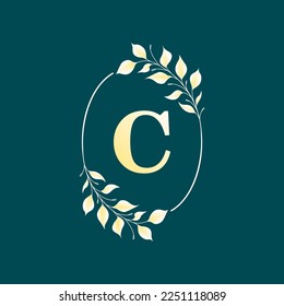C letter in elegant oval frame with gold leaf. Vector isolated illustration.