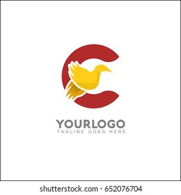 C letter elegant wing flying gold office logo. Abstract bird vector identity design template. Exclusive business company brand icon.