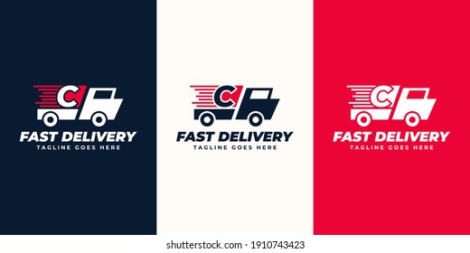 C Carta de diseño de logotipo de entrega expreso Plantilla. Ilustración gráfica vectorial de la letra y diseño del logotipo de camión rápido. Servicio de entrega perfecto, diseño de logotipo de entrega express