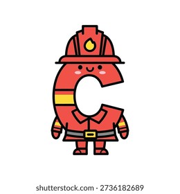 C letter firefighter cartoon character in red uniform and helmet