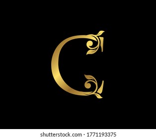 C Letter Floral Gold logo. Classy drawn emblem for book design, weeding card, brand name, business card, Restaurant, Boutique, Hotel. 
