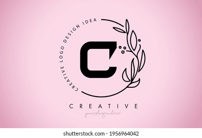 C Letter Floral Logo Design with Creative Elegant Leaf Monogram Branch Line Vector and Pink Black Colors Illustration.