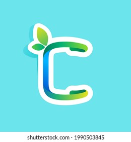 C letter flow line eco logo with green leaves. Vector green icon perfect to use in your agriculture labels, science posters, spring advertising campaign.