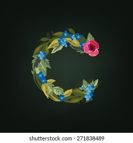 C letter. Flower  alphabet. Colorful font. Lowercase.  Vector illustration.