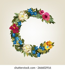 C letter. Flower capital alphabet. Colorful font. Uppercase.  Vector illustration.