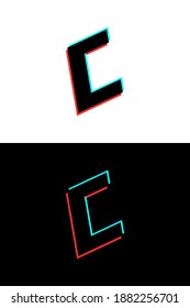 C letter font made of glitch, stereo effect. Dynamic, split red and blue color. For dj logo, electromusic posters, bright logo and more. Vector illustration