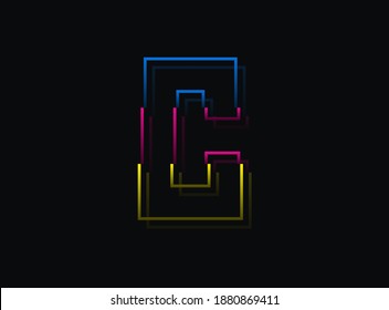C letter font, vector design logo. Dynamic, split-color, blue, pink, yellow on black background. Eps10 illustration