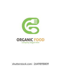 C Letter Food Logo. Green Spoon and Fork Monogram for Organic Restaurant.