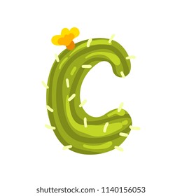 C letter in the form of cactus with blooming flower, green eco English letter vector Illustration on a white background