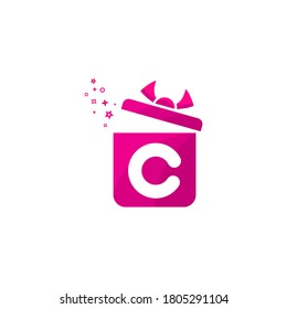 c letter Gift box Logo Design Vector Template.Logo gift template. Letter c in the box for present. Concept design present emblems and signs. Gift box icon pink color.c gift box logo