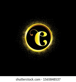 C letter golden icon in middle of golden sparking ring. C logo sign with empty center. Golden sparkling ring with dust glitter graphic on black background. Glorious decorative glowing shiny design.