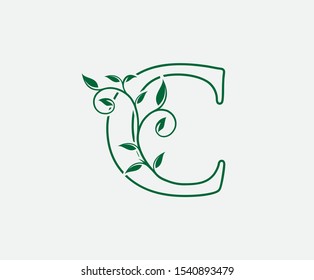 C Letter. Green Leaf Letter C Logo Vector,  Eco Bio Leaf Letter Icon Illustration Logo.