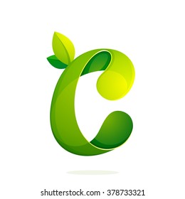 C letter with green leaves logo, volume icon. Font style, vector design template elements for your ecology application or corporate identity.