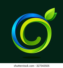 C letter with green leaves and water waves. Vector design template elements for your ecology application or corporate identity.