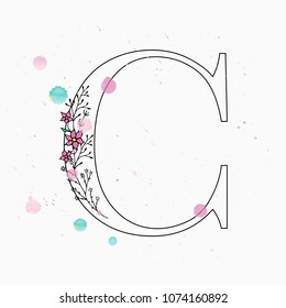 C letter. Hand drawn floral alphabet with watercolor drops. Vector wedding symbol.