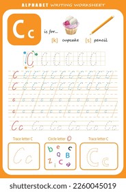 Hoja de trabajo de práctica de escritura a mano de cartas C. Hoja de cálculo de seguimiento de letras de alfabeto para niños con juegos e ilustraciones brillantes. Página Aprendiendo actividad alfabética. Plantilla imprimible.