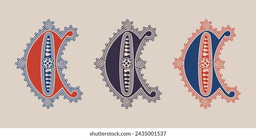 C letter illuminated gothic monogram with naturalistic flowers ornament. German drop cap. Dark age decorative logo. Classic medieval red and blue Latin initials font based on XIV century manuscript.