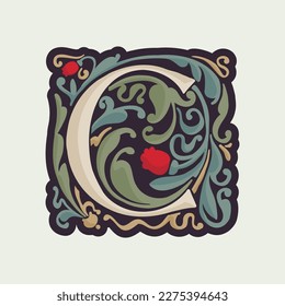 C letter illuminated initial with curve leaf ornament and tulips. Medieval dim colored fancy drop cap logo. Gothic heraldry blackletter dark-age emblem. Perfect for luxury calligraphy with pattern.