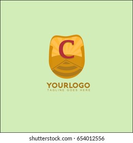 C letter landscape vector illustration with mountain, sun and road. Vintage brand identity.
