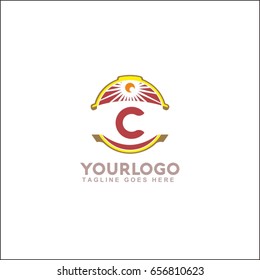 C letter landscape vector illustration. Vintage sunset logo with sun.